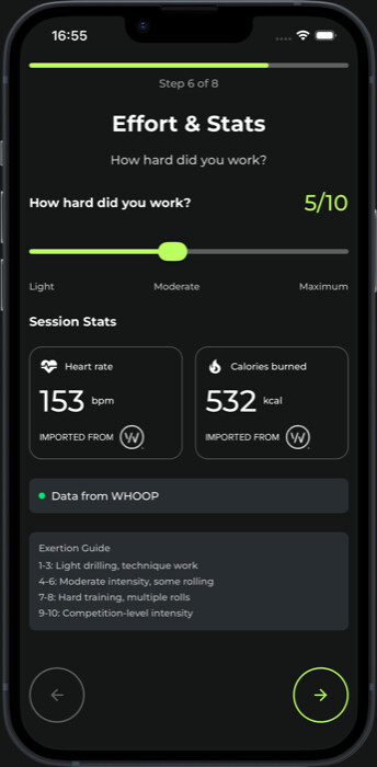 FLUYD WHOOP integration showing heart rate and calorie data synced to training session